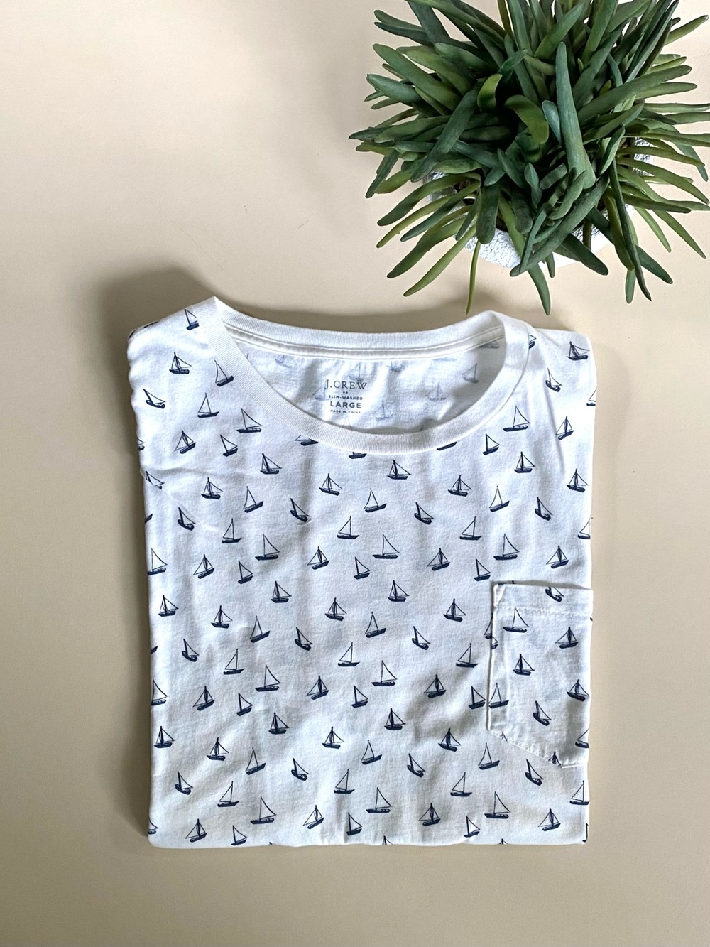 J. CREW - White Tee with Navy Sailboat Print Pattern
